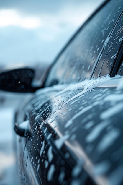 Wet car side mirror reflects blue sky with trees Water droplets on glass surface Foam soap