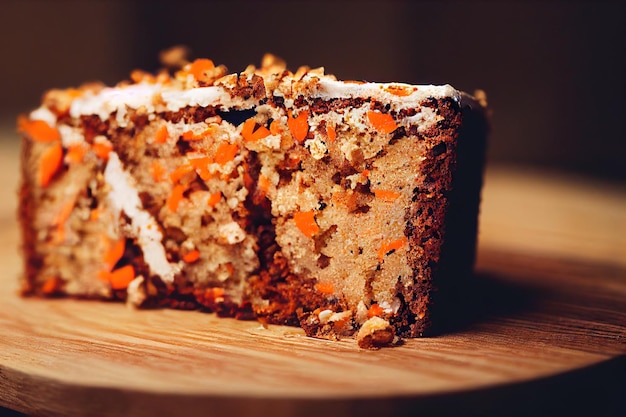 Wet carrot cake with peanut butter on wooden table