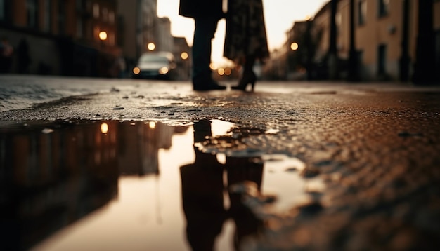 Wet city streets reflect blurred motion of walking commuters at dusk generated by AI