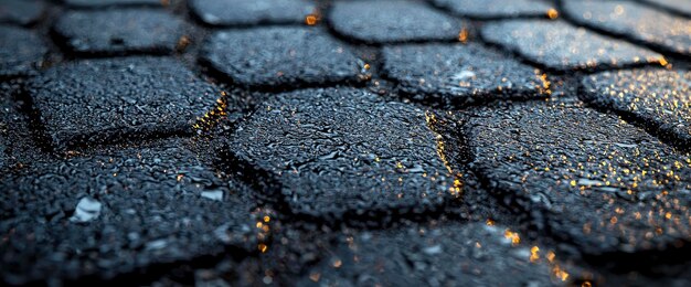 Photo wet cobblestone pavement with golden reflections