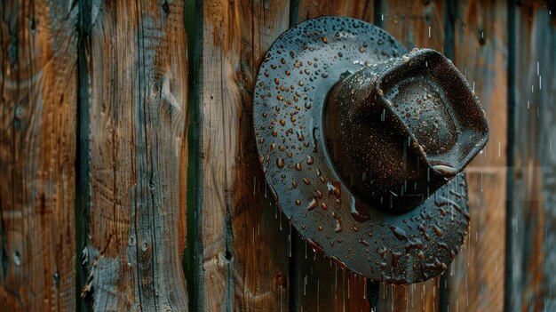 Photo wet cowboy hat hangs on wooden wall in rain