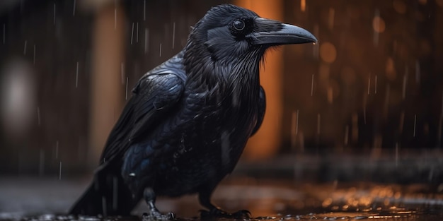 Wet crow on a rainy dark night close up