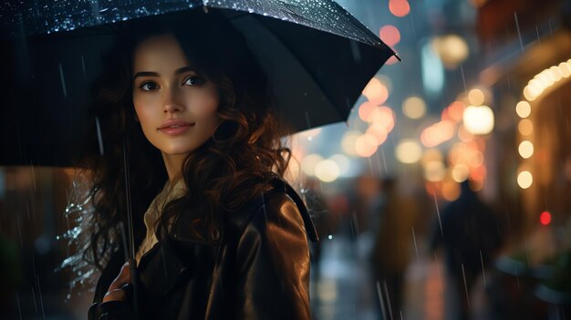 On a wet day a girl with an umbrella strolls across the illuminated nighttime city blurred Generative AI