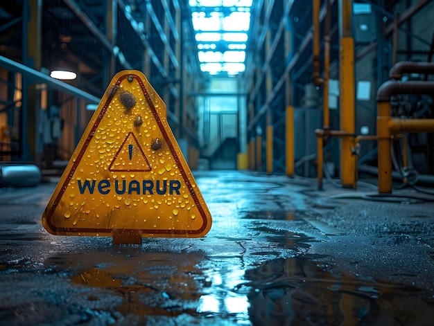 Photo wet floor warning sign in dimly lit industrial warehouse setting with reflective metallic finish long title wet floor warning sign with bright