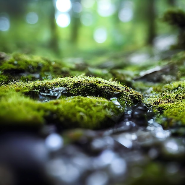 Wet green moss on spring forest floor background