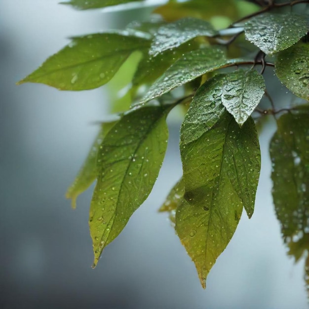 a wet leaf with water drops on it and a rain droplet on it