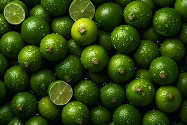 Wet Limes and slices of limes with water deops on a dark wooden background Neural network AI generated