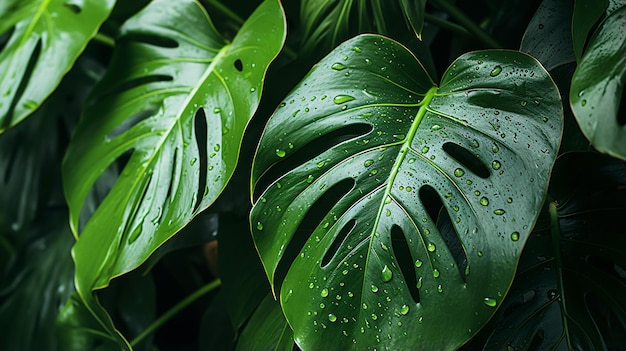 Wet Monstera deliciosa plant leaves in a garden