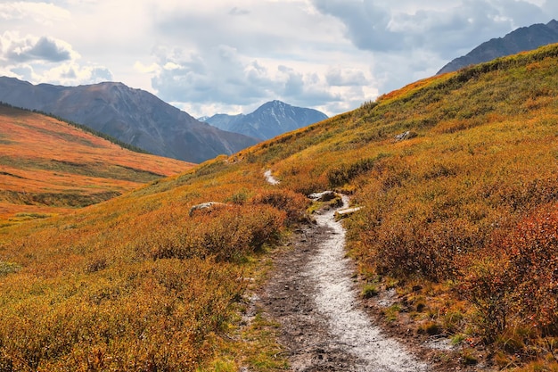 Wet off road through the rainy summer mountain plateau Terrible thunderclouds have hung over the autumn valley The sky before a thunderstorm with thunderclouds