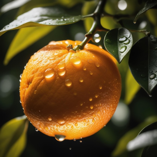 Photo a wet orange with water drops on it and a tree with a green leaf