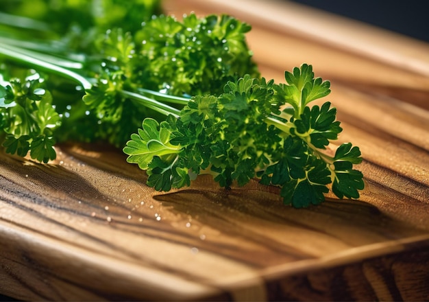 Wet parsley lies on a wooden cutting board