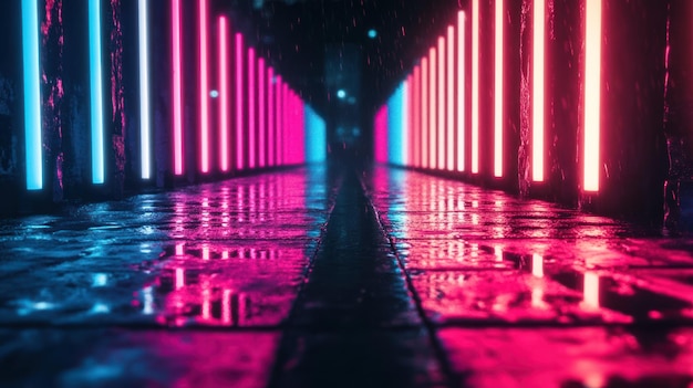 Photo wet pavement illuminated by neon lights