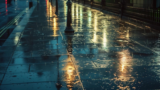 Photo wet pavement reflecting street lights at night