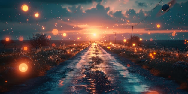 A Wet Road Leading to a Glowing Horizon