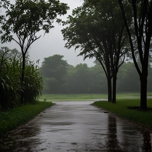 Photo a wet road with trees and a sign that says  stop  on it