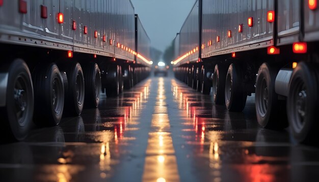 a wet road with two trucks and a light on it