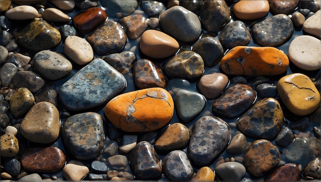 Wet shiny colourful pebbles and stones in nature aesthetic background banner template