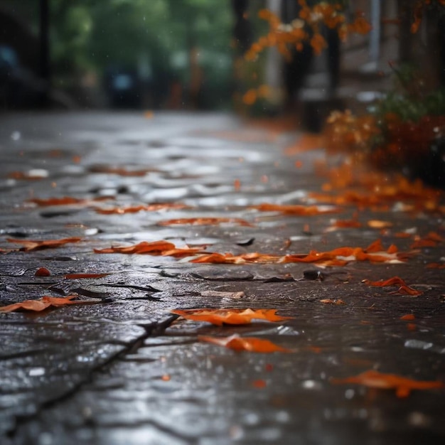 Photo a wet sidewalk with leaves on it and a tree in the background