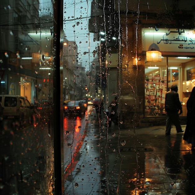 a wet sidewalk with people walking in front of a building with a sign that says fire escape