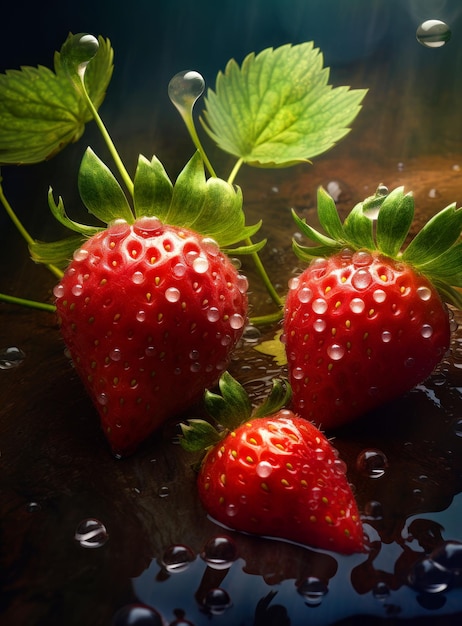 Wet strawberries macro view Red ripe summer berries Generative AI