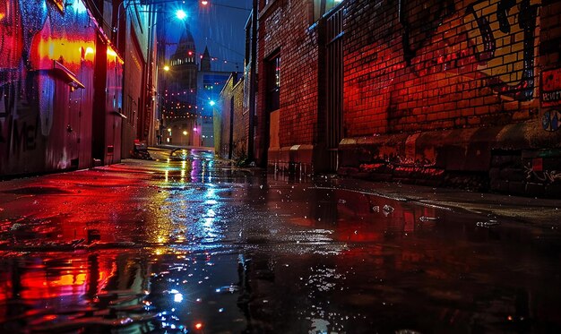 a wet street with a brick wall and a building with a red light on it