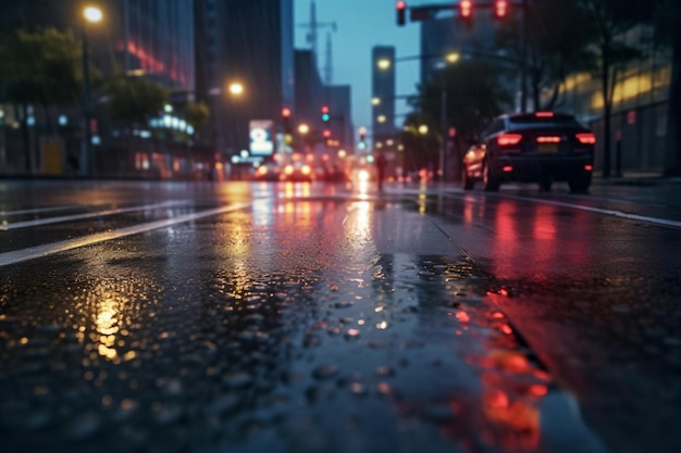 a wet street with cars and a stop light