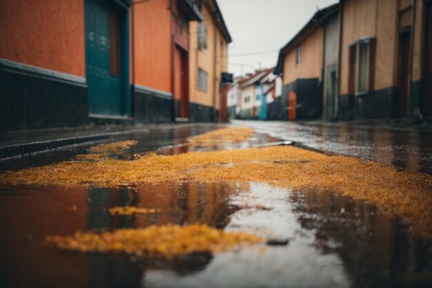 Wet street with corn on the pavement and buildings on either side