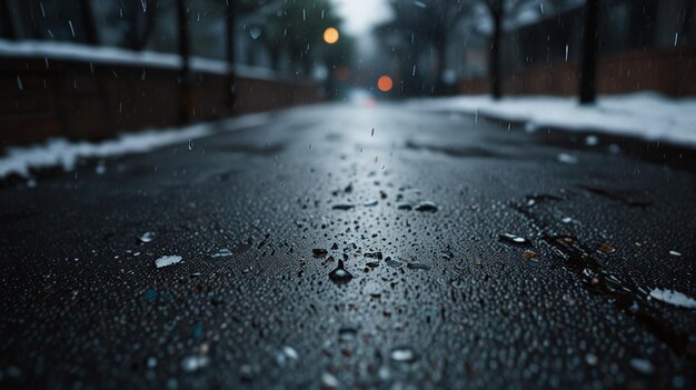 a wet street with illuminated asphalt