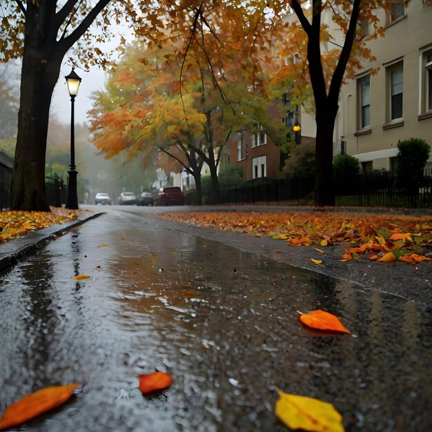 a wet street with leaves on it and a car driving by