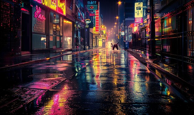 a wet street with neon signs and a person in the rain