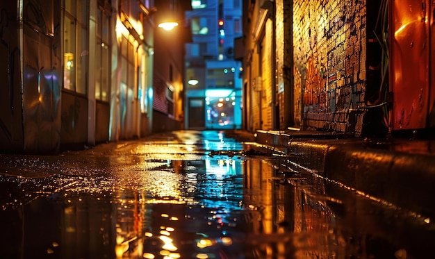 a wet street with a puddle of water and a street light