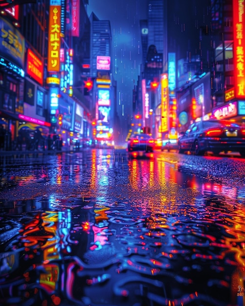 a wet street with a red sign that says quot neon quot