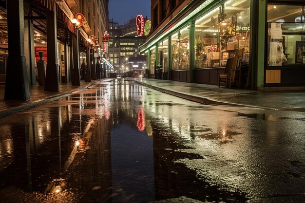 Photo a wet street with a sign that says quot the word quot on it