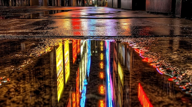 a wet street with a sign that says  the word  on it