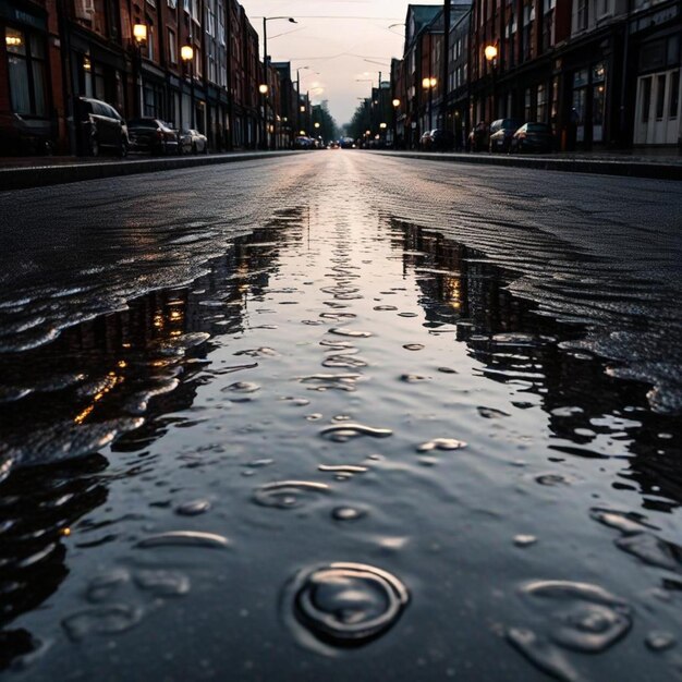 Photo a wet street with a water droplet on the ground