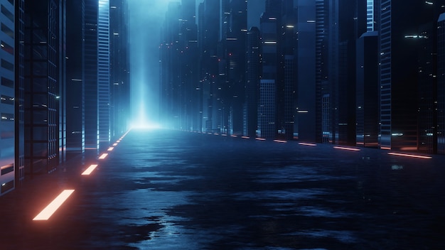 Wet surface road leading to mega city at night