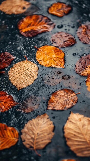 Photo a wet surface with leaves and water drops on it