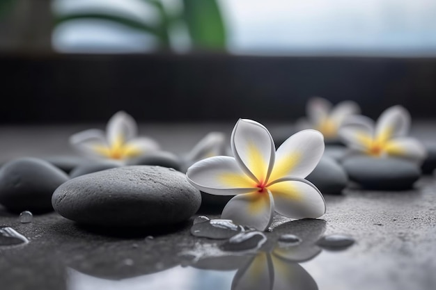 A wet surface with stones and flowers on it