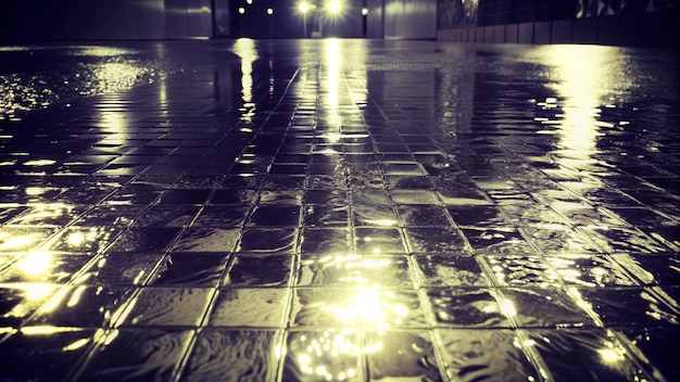 Photo wet tiled floor reflecting light from street lamps at night