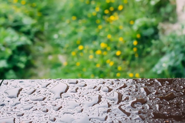 Wet wooden railing of terrace Architecture detail in water drops after the rain