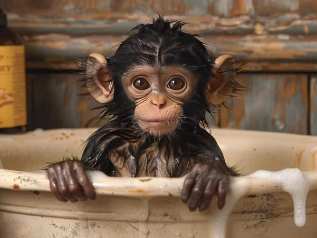 Photo wet young monkey playfully sitting in a bathtub surrounded by suds in a rustic setting