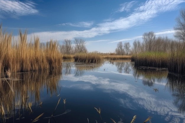 Wetland with tall reeds and reflections of the sky in the water created with generative ai