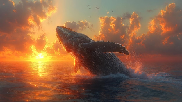 A whale breaching the ocean39s surface at sunset