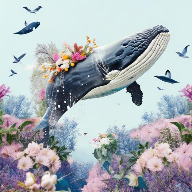 whale and flowers splash design pattern illustration cotton cloud