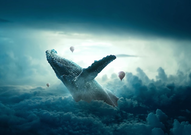 A whale flying above the clouds with the word whale on it