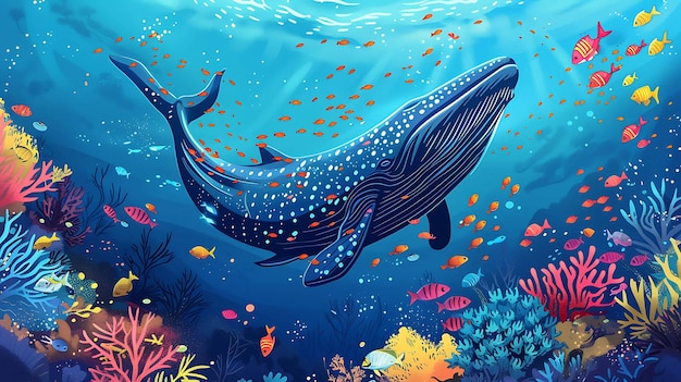 a whale is swimming in the ocean with colorful fish and corals