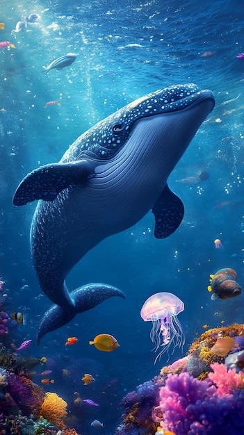 A whale is swimming under the ocean with a jellyfish