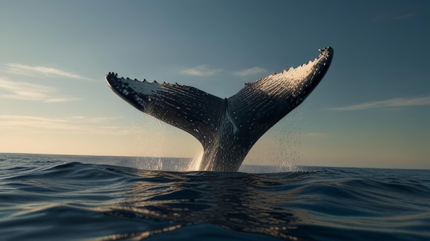 a whale is swimming in the ocean with the sky in the background