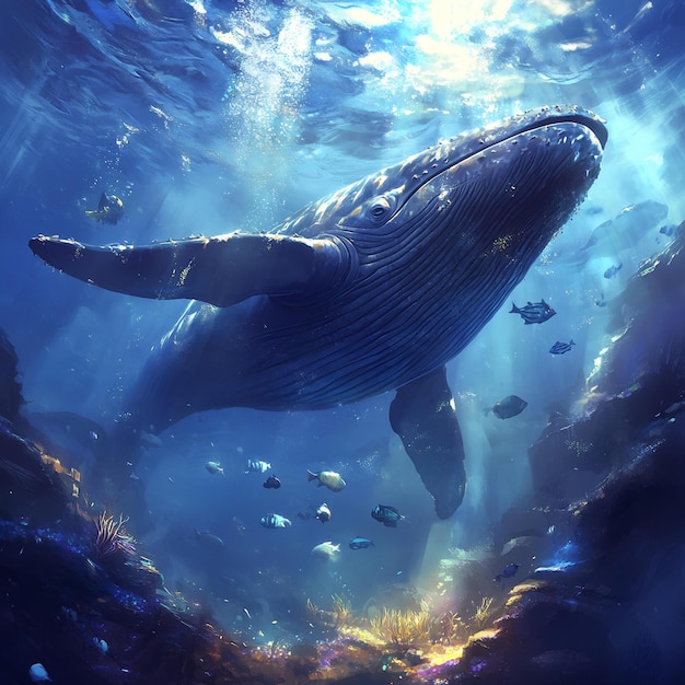 Photo a whale is swimming under the ocean with the sun shining on its back