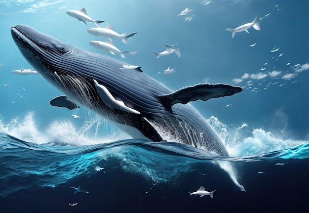 a whale is swimming in the water and has a whale in the background blue whale 3D background